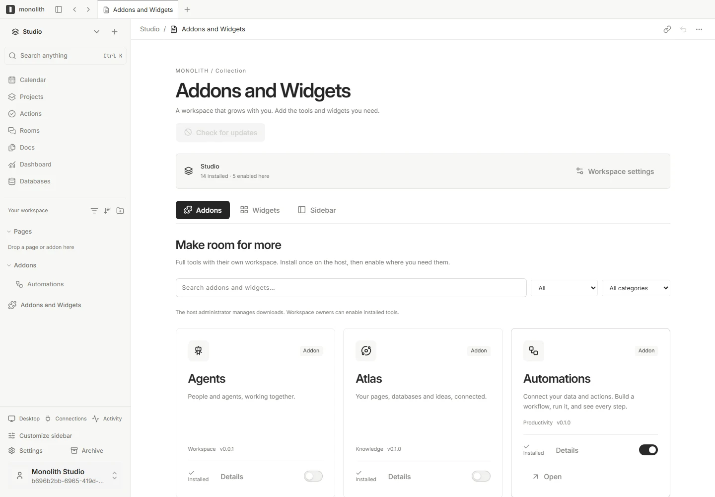 Monolith addon collection with filters and workspace enablement switches