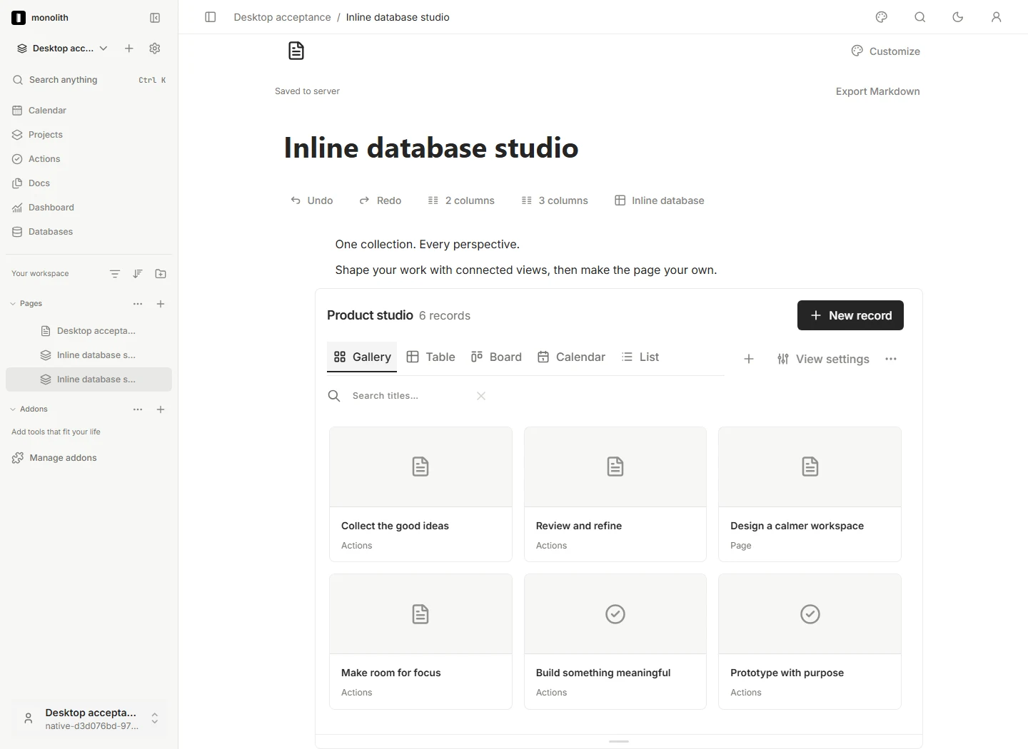 A rich Monolith document with an inline database gallery