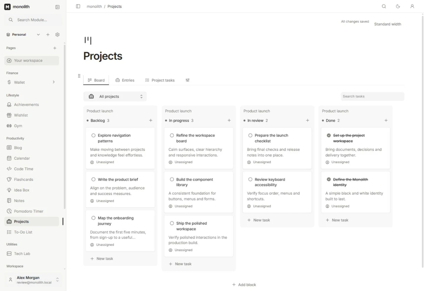Monolith project board with grouped tasks