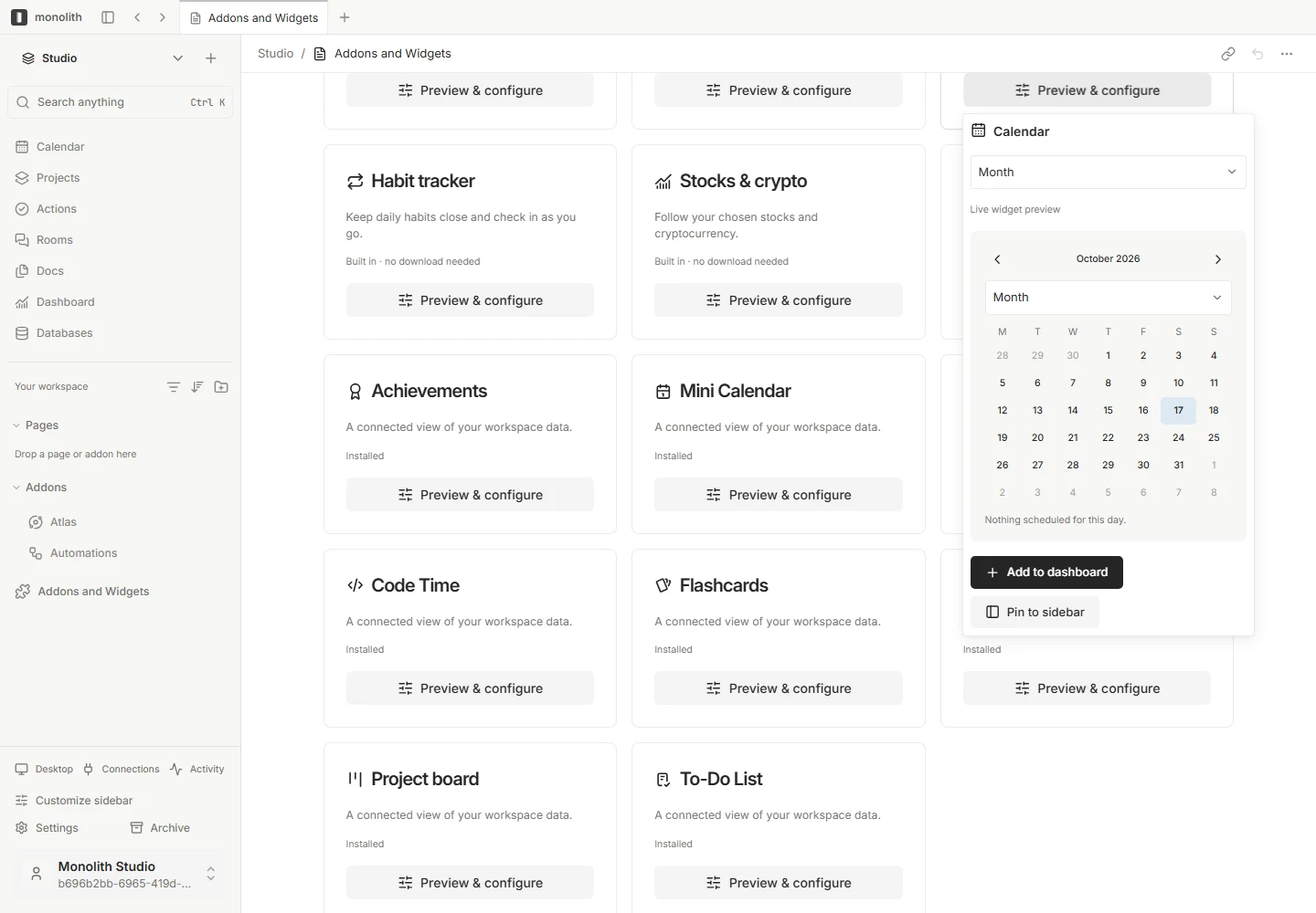 Monolith compact widget preview and settings overlay